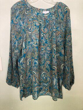 J.Jill Paisley Print Long Sleeve Distinct pleaded Blouse - Bright Teal Ornate